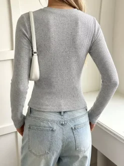 Gray V Neck Button Ribbed Knit Top Long Sleeve Lace Inner Slim Fitted Casual Fall Pullover