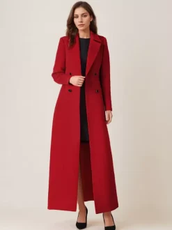 Gray Wool Blend Coat For Woman Lapel Belted Double-breasted Chic Full Length Wrap Outerwear 2026