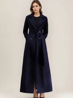 Gray Wool Blend Coat For Woman Lapel Belted Double-breasted Chic Full Length Wrap Outerwear 2026