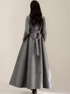 Gray Wool Blend Coat For Woman Lapel Belted Double-breasted Chic Full Length Wrap Outerwear 2026