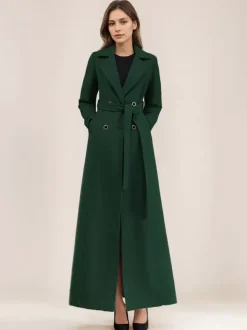 Gray Wool Blend Coat For Woman Lapel Belted Double-breasted Chic Full Length Wrap Outerwear 2026