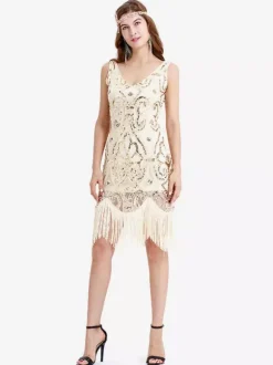 Great Gatsby Dress Apricot Fringe Sequins Vintage 1920s Fashion Style Flapper Dress Outfits