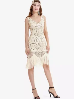 Great Gatsby Dress Apricot Fringe Sequins Vintage 1920s Fashion Style Flapper Dress Outfits