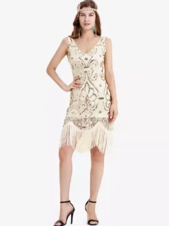 Great Gatsby Dress Apricot Fringe Sequins Vintage 1920s Fashion Style Flapper Dress Outfits
