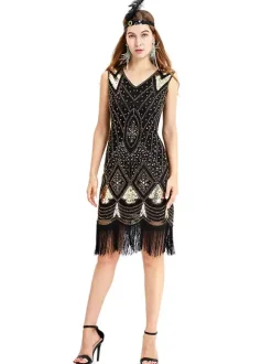 Great Gatsby Costume Black Gold Fringe Sequins Vintage 1920s Fashion Style Flapper Dress Outfits Burgundy