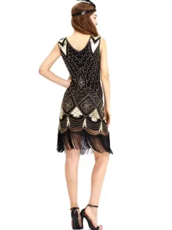 Great Gatsby Costume Black Gold Fringe Sequins Vintage 1920s Fashion Style Flapper Dress Outfits Burgundy