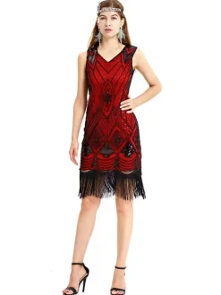 Great Gatsby Costume Black Gold Fringe Sequins Vintage 1920s Fashion Style Flapper Dress Outfits Burgundy