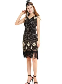 Great Gatsby Costume Black Gold Fringe Sequins Vintage 1920s Fashion Style Flapper Dress Outfits Burgundy
