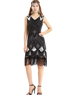 Great Gatsby Costume Black Gold Fringe Sequins Vintage 1920s Fashion Style Flapper Dress Outfits Burgundy
