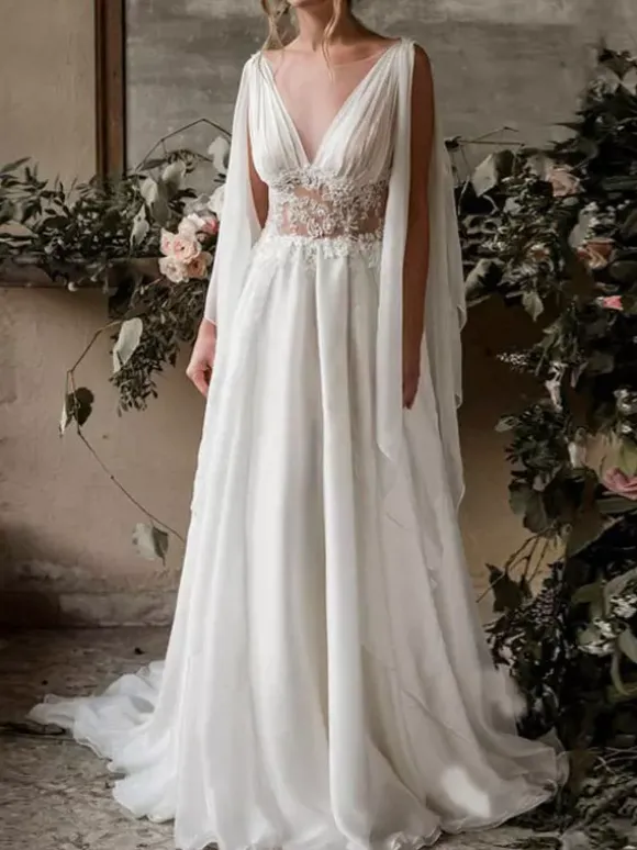 Grecian Ivory Wedding Dress Boho Plus Size Wedding Dresses 2026 Chiffon V-Neck High Waist Roman Drapery Sleeve Bridal Gown Free Customization
