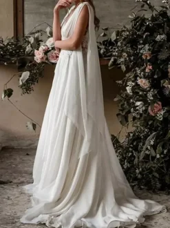 Grecian Ivory Wedding Dress Boho Plus Size Wedding Dresses 2026 Chiffon V-Neck High Waist Roman Drapery Sleeve Bridal Gown Free Customization