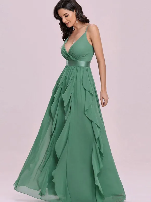Green Evening Dress 2026 A-Line V-Neck Sleeveless Backless Sash Floor Length Chiffon Wedding Guest Dresses Free Customization