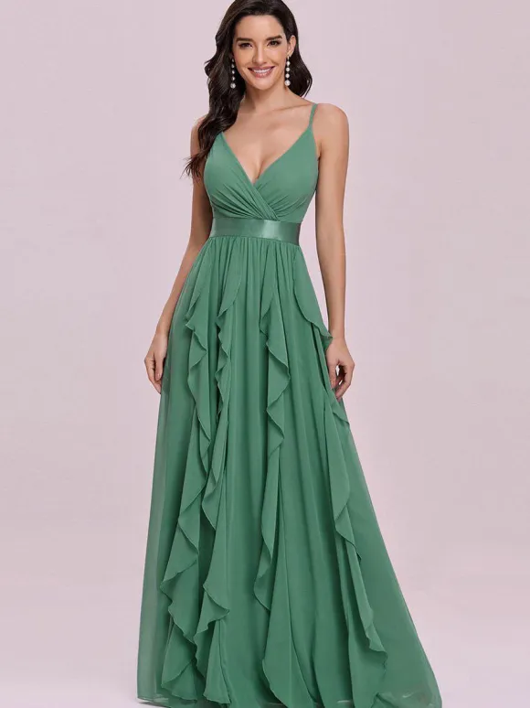 Green Evening Dress 2026 A-Line V-Neck Sleeveless Backless Sash Floor Length Chiffon Wedding Guest Dresses Free Customization