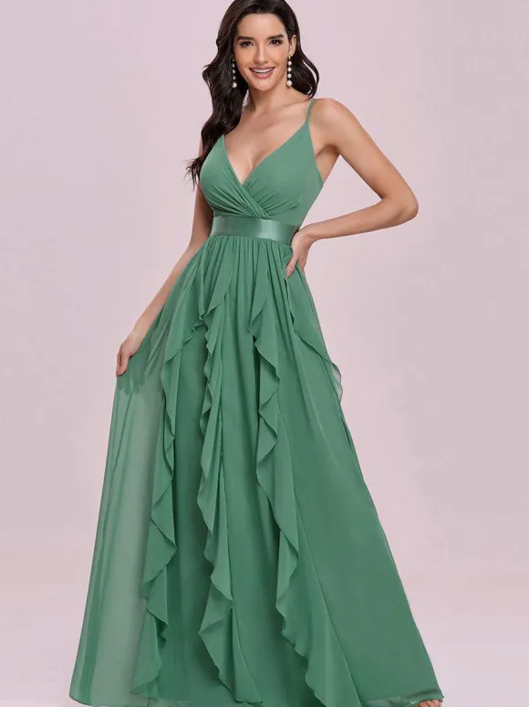 Green Evening Dress 2026 A-Line V-Neck Sleeveless Backless Sash Floor Length Chiffon Wedding Guest Dresses Free Customization