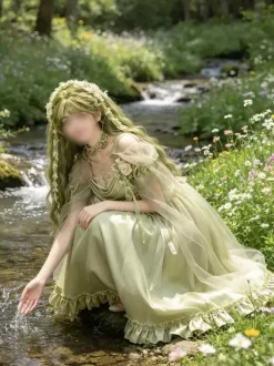 Green Fairy Lolita Dresses Flower Ruffles Floor Length Sweet Lolita Dress