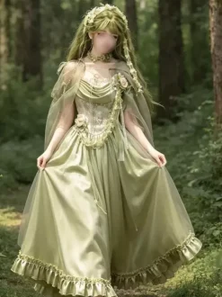 Green Fairy Lolita Dresses Flower Ruffles Floor Length Sweet Lolita Dress