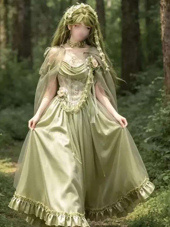 Green Fairy Lolita Dresses Flower Ruffles Floor Length Sweet Lolita Dress