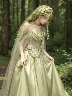 Green Fairy Lolita Dresses Flower Ruffles Floor Length Sweet Lolita Dress