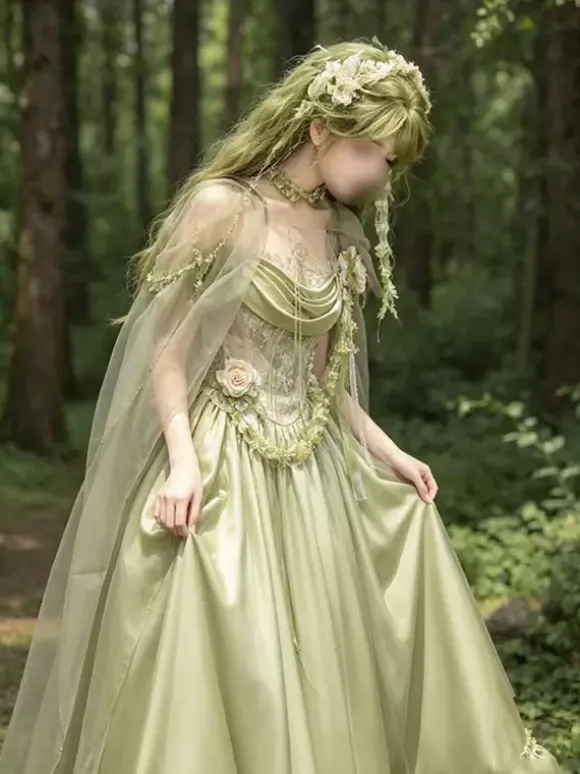 Green Fairy Lolita Dresses Flower Ruffles Floor Length Sweet Lolita Dress