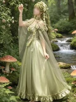 Green Fairy Lolita Dresses Flower Ruffles Floor Length Sweet Lolita Dress
