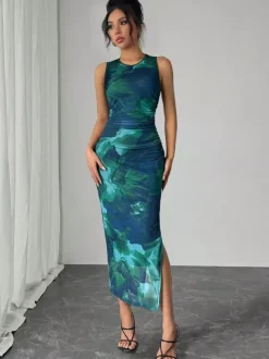 Green Floral Mesh Women Midi Dress - Elegant Ruched Sleeveless Side Slit - Vintage Aesthetic Summer Wedding Guest Dress 2026