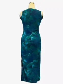 Green Floral Mesh Women Midi Dress - Elegant Ruched Sleeveless Side Slit - Vintage Aesthetic Summer Wedding Guest Dress 2026