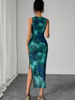 Green Floral Mesh Women Midi Dress - Elegant Ruched Sleeveless Side Slit - Vintage Aesthetic Summer Wedding Guest Dress 2026