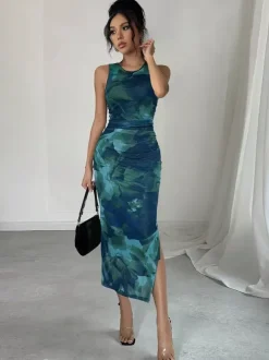 Green Floral Mesh Women Midi Dress - Elegant Ruched Sleeveless Side Slit - Vintage Aesthetic Summer Wedding Guest Dress 2026