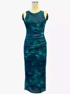 Green Floral Mesh Women Midi Dress - Elegant Ruched Sleeveless Side Slit - Vintage Aesthetic Summer Wedding Guest Dress 2026