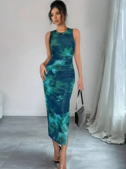 Green Floral Mesh Women Midi Dress - Elegant Ruched Sleeveless Side Slit - Vintage Aesthetic Summer Wedding Guest Dress 2026