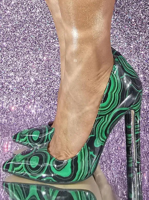 Green High Heels Stiletto Heel Printed Pumps