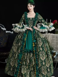 Green Retro Costumes Women's Marie Antoinette Costume Lace Ruffles Polyester Dress Headwear Retro 18th Century Costume