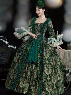 Green Retro Costumes Women's Marie Antoinette Costume Lace Ruffles Polyester Dress Headwear Retro 18th Century Costume