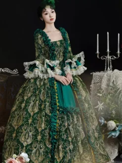 Green Retro Costumes Women's Marie Antoinette Costume Lace Ruffles Polyester Dress Headwear Retro 18th Century Costume