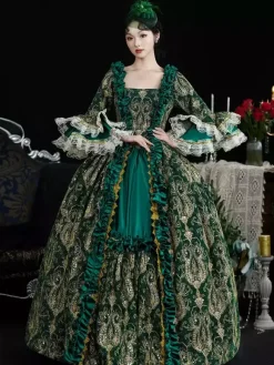 Green Retro Costumes Women's Marie Antoinette Costume Lace Ruffles Polyester Dress Headwear Retro 18th Century Costume