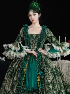 Green Retro Costumes Women's Marie Antoinette Costume Lace Ruffles Polyester Dress Headwear Retro 18th Century Costume