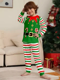 Green And Red Stripe Elf Costume Family Pajamas Holiday Set 2026