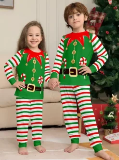 Green And Red Stripe Elf Costume Family Pajamas Holiday Set 2026