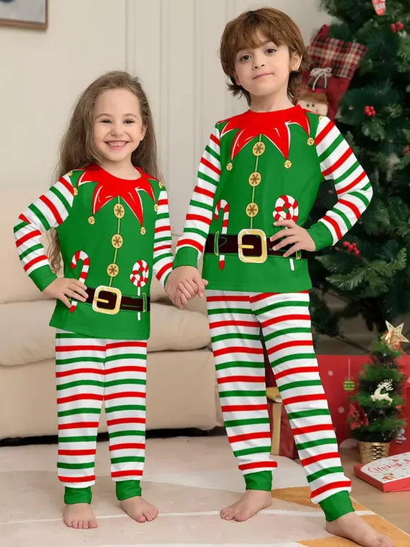 Green And Red Stripe Elf Costume Family Pajamas Holiday Set 2026