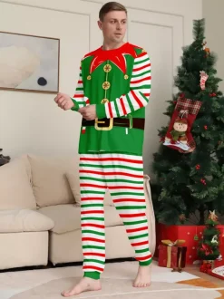 Green And Red Stripe Elf Costume Family Pajamas Holiday Set 2026