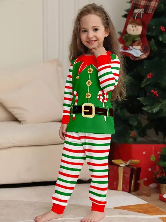 Green And Red Stripe Elf Costume Family Pajamas Holiday Set 2026