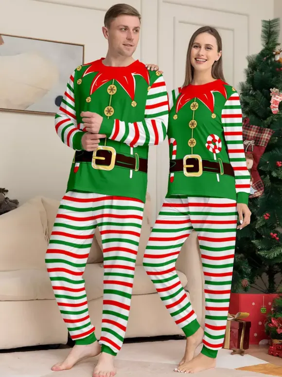 Green And Red Stripe Elf Costume Family Pajamas Holiday Set 2026