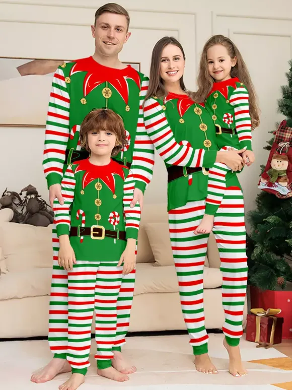 Green And Red Stripe Elf Costume Family Pajamas Holiday Set 2026