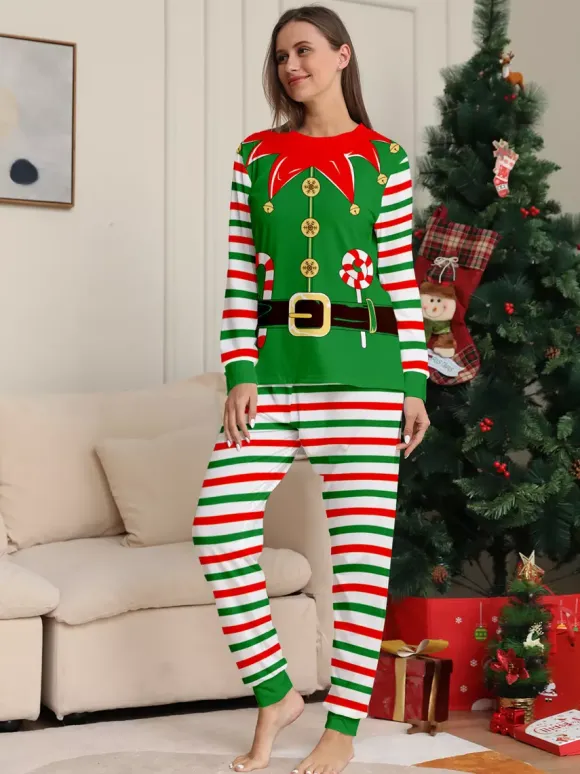 Green And Red Stripe Elf Costume Family Pajamas Holiday Set 2026