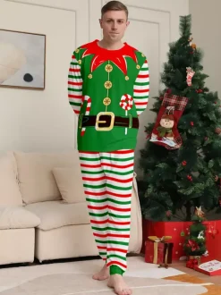 Green And Red Stripe Elf Costume Family Pajamas Holiday Set 2026