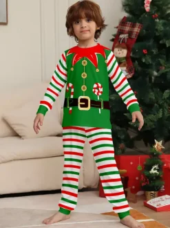 Green And Red Stripe Elf Costume Family Pajamas Holiday Set 2026