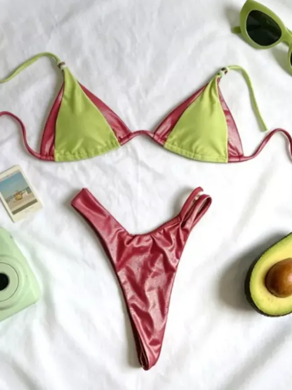 Green Burgundy Contrast Bikini Set Triangle Halter Top High Cut Thong Bottom Beach Swimwear