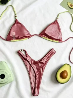 Green Burgundy Contrast Bikini Set Triangle Halter Top High Cut Thong Bottom Beach Swimwear