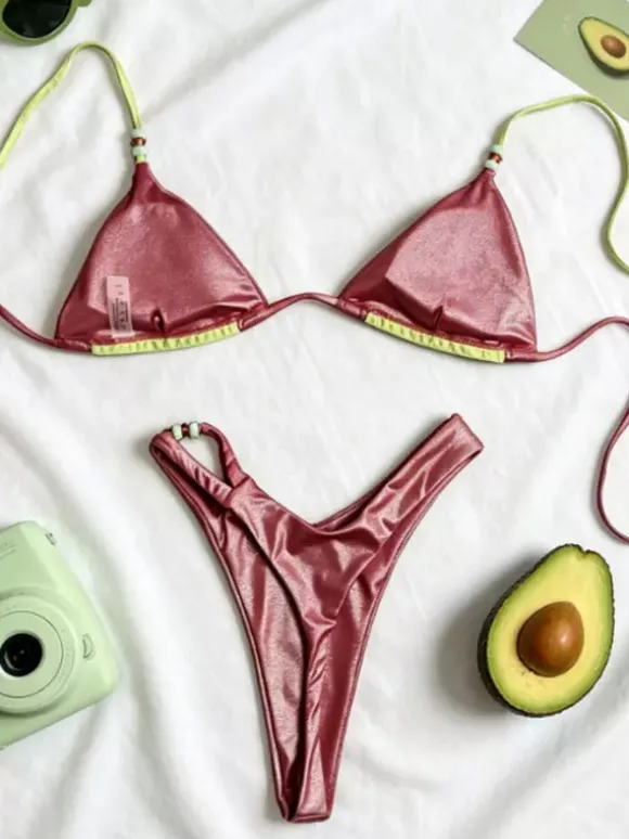 Green Burgundy Contrast Bikini Set Triangle Halter Top High Cut Thong Bottom Beach Swimwear