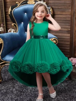 Green Flower Girl Dresses Jewel Neck Sleeveless Bows Tulle Cotton Sequined Kids Party Dresses